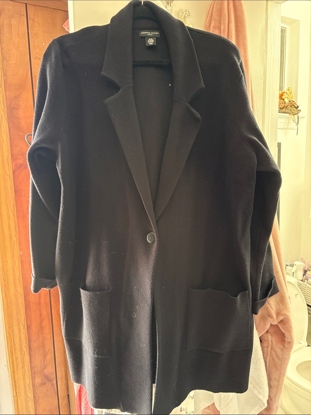 Adrienne Vittadini Black Single-Button Long Knit Blazer Coat